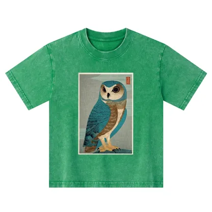 Tokyo-Tiger Vintage Owl Woodblock Art Kids Washed T-Shirt