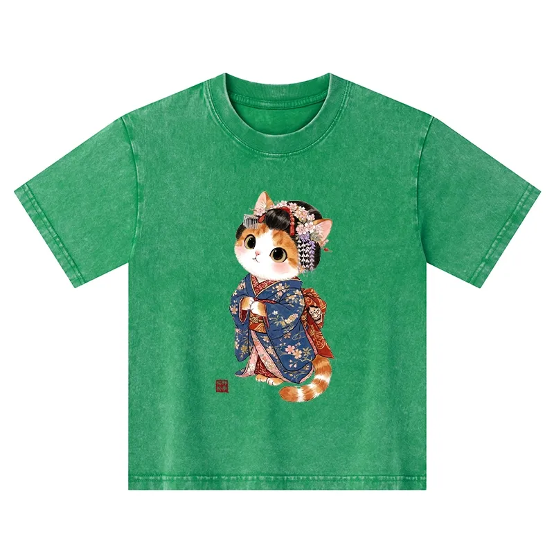 Tokyo-Tiger Cat Dressed As A Geisha Funny Kids Washed T-Shirt