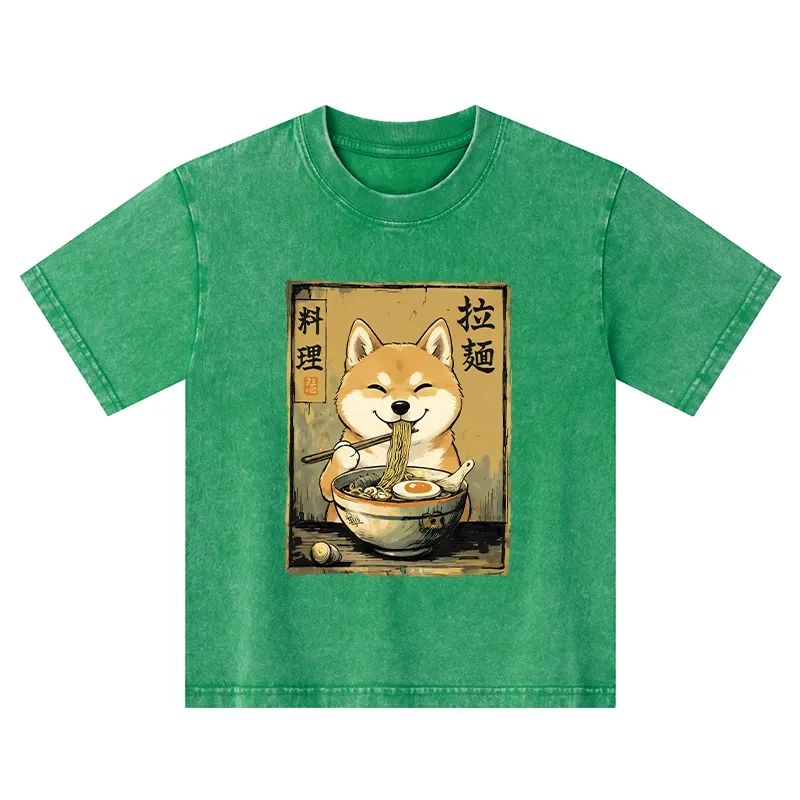 Tokyo-Tiger Happy Shiba Eating Ramen Kids Washed T-Shirt