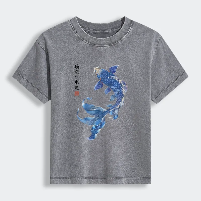 Tokyo-Tiger Lucky Blue Koi Fish Art Women's Washed T-shirt