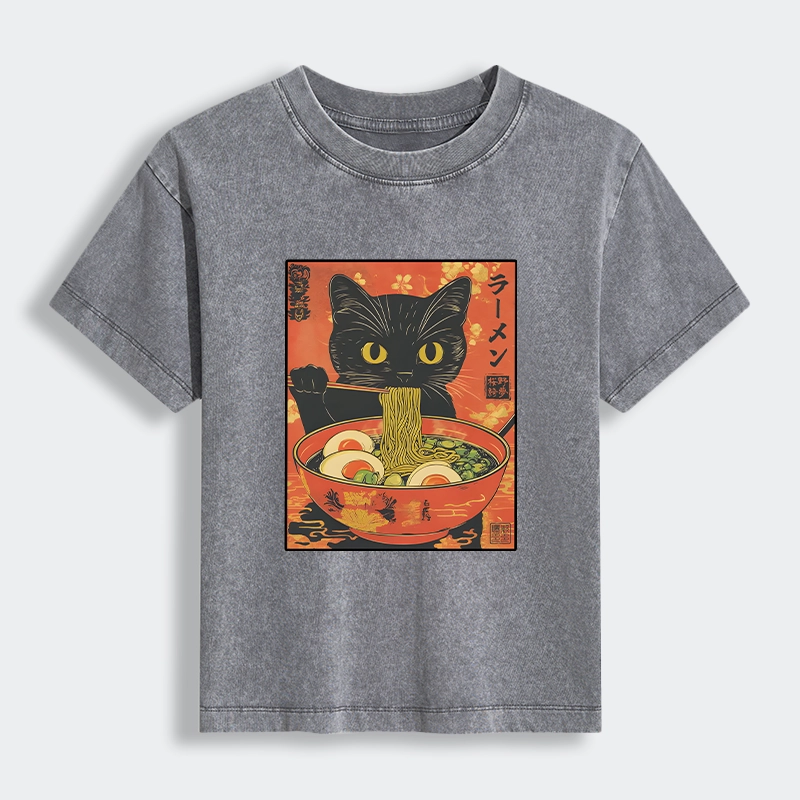 Tokyo-Tiger Hungry Black Cat Loves Ramen Women's Washed T-shirt