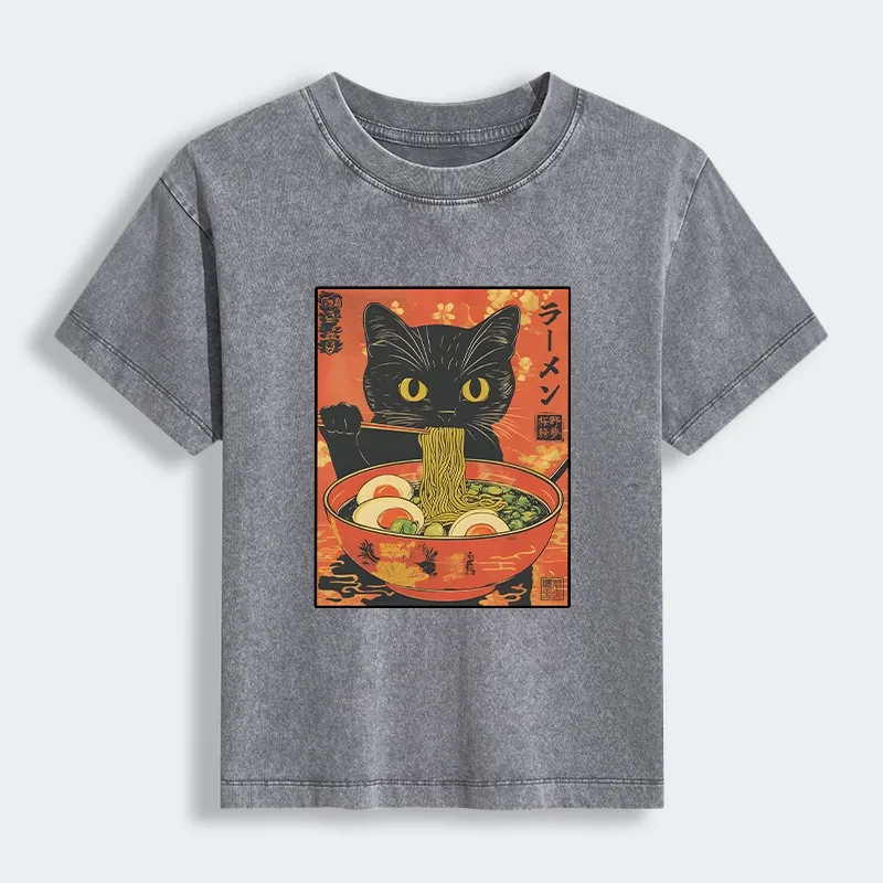 Tokyo-Tiger Hungry Black Cat Loves Ramen Women's Washed T-shirt