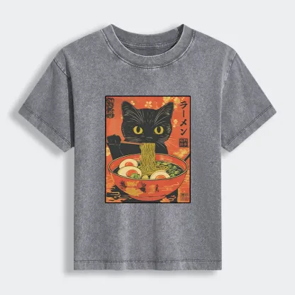 Tokyo-Tiger Hungry Black Cat Loves Ramen Women's Washed T-shirt