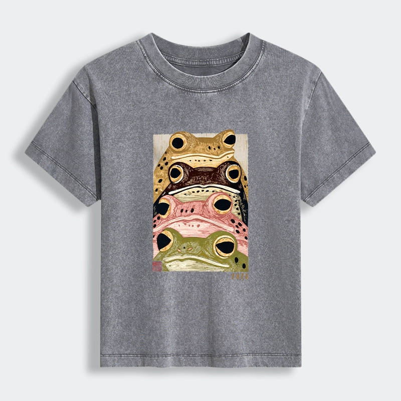 Tokyo-Tiger Whimsical Multi Colored Frog Art Women's Washed T-shirt