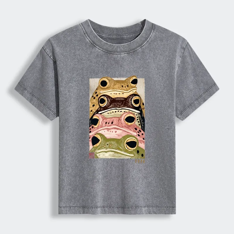 Tokyo-Tiger Whimsical Multi Colored Frog Art Women's Washed T-shirt