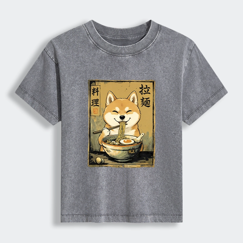 Tokyo-Tiger Happy Shiba Eating Ramen Women's Washed T-shirt