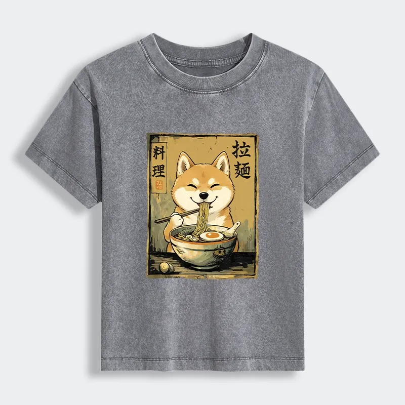 Tokyo-Tiger Happy Shiba Eating Ramen Women's Washed T-shirt