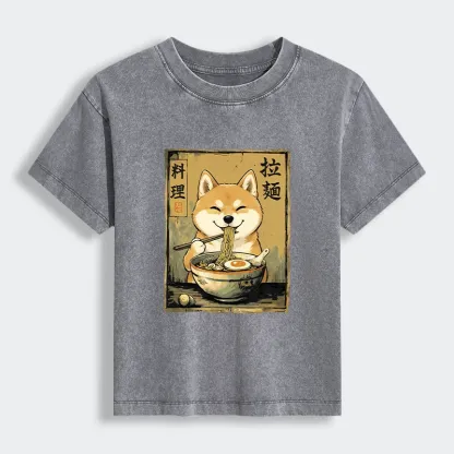 Tokyo-Tiger Happy Shiba Eating Ramen Women's Washed T-shirt