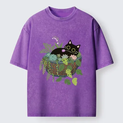 Tokyo-Tiger Cat Relaxing Inside Flower Pot Washed T-Shirt