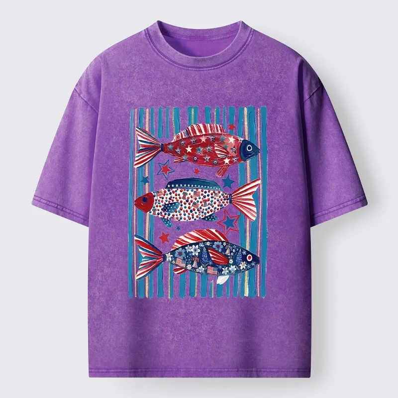 Tokyo-Tiger Vibrant Independence Day Star Decorated Fish Washed T-Shirt