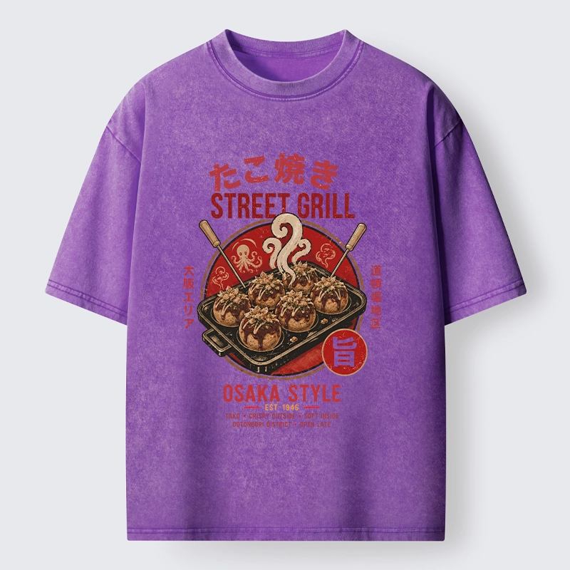 Tokyo-Tiger Osaka Takoyaki Street Grill Art Washed T-Shirt