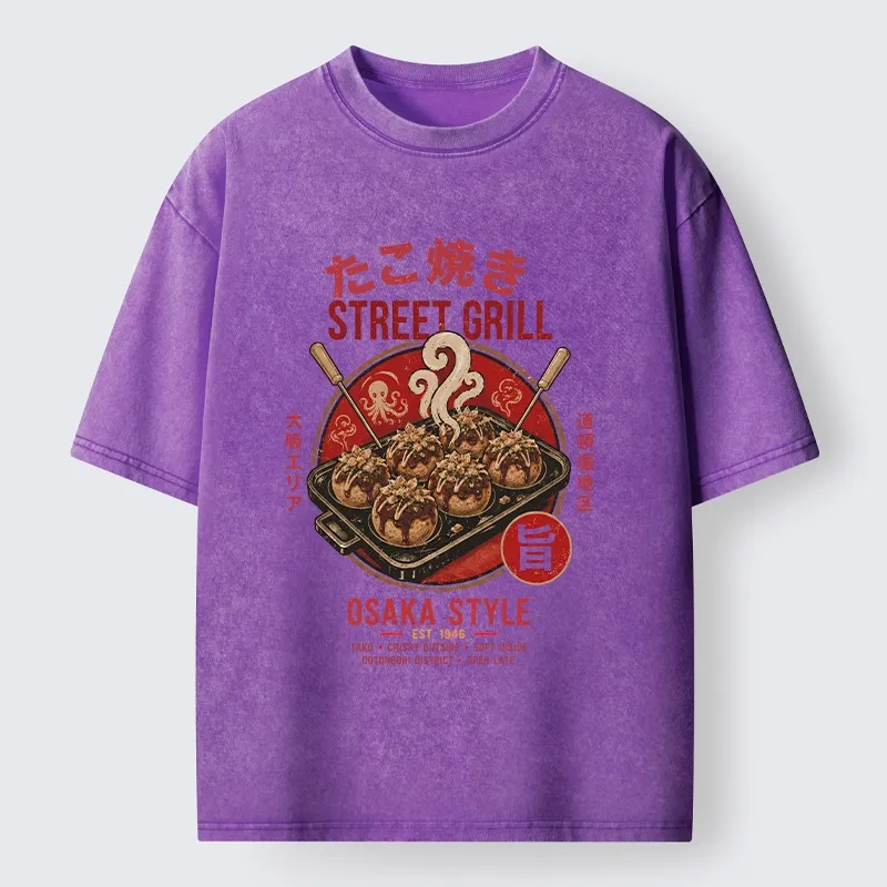 Tokyo-Tiger Osaka Takoyaki Street Grill Art Washed T-Shirt