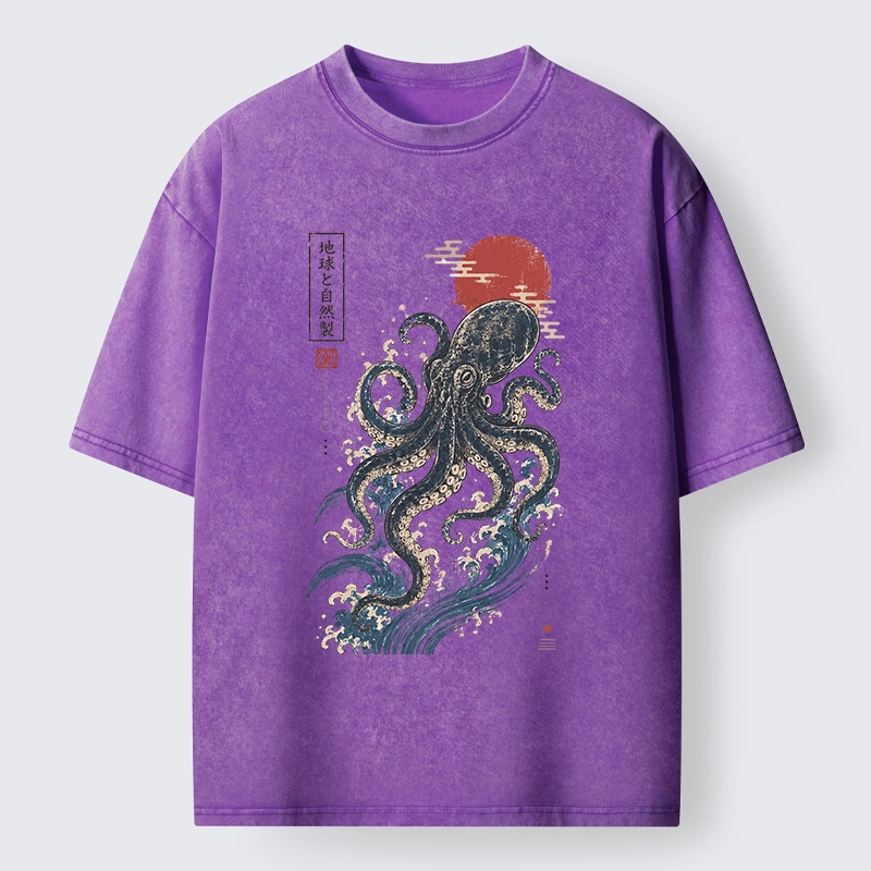 Tokyo-Tiger Traditional Japanese Wave Red Sun Octopus Washed T-Shirt