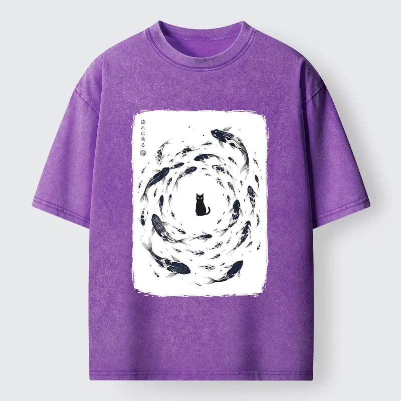 Tokyo-Tiger Traditional Japanese Carp Circle Cat Washed T-Shirt