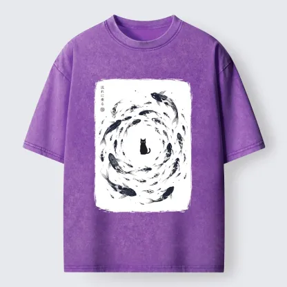 Tokyo-Tiger Traditional Japanese Carp Circle Cat Washed T-Shirt