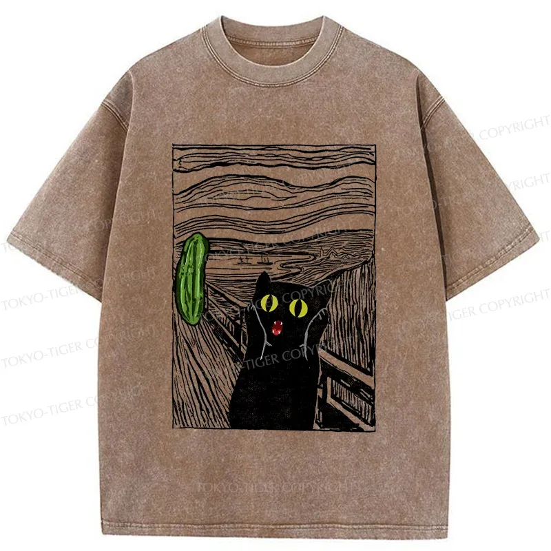 Tokyo-Tiger Cat Afraid Of Cucumbers Washed T-Shirt