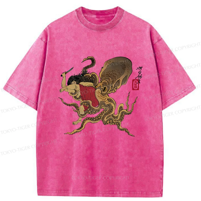 Tokyo-Tiger Man And Octopus Fighting Washed T-Shirt