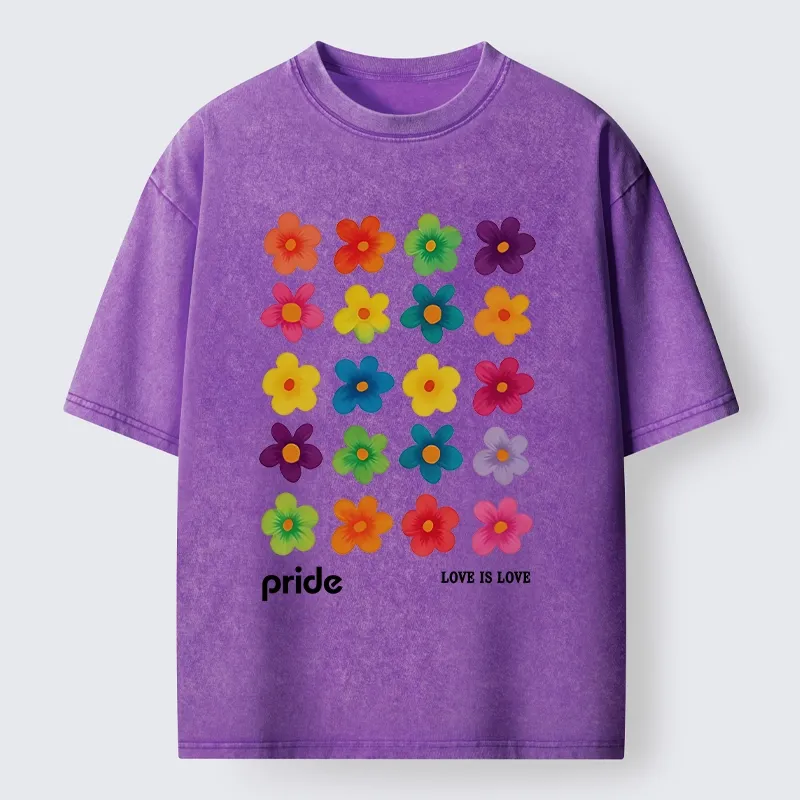 Tokyo-Tiger Colorful Flower Grid For Pride Month Washed T-Shirt