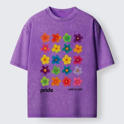 Tokyo-Tiger Colorful Flower Grid For Pride Month Washed T-Shirt