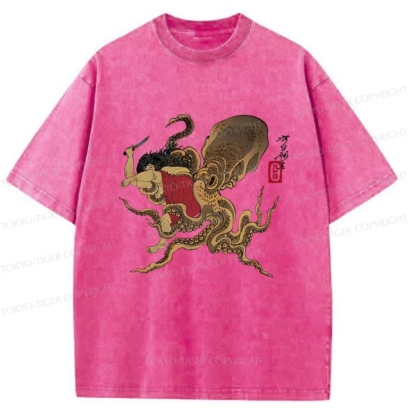 Tokyo-Tiger Man And Octopus Fighting Washed T-Shirt