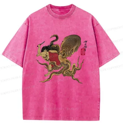 Tokyo-Tiger Man And Octopus Fighting Washed T-Shirt