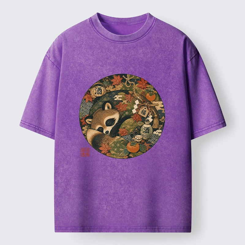 Tokyo-Tiger Sleepy Raccoon Enjoys Autumn Sake Break Washed T-Shirt