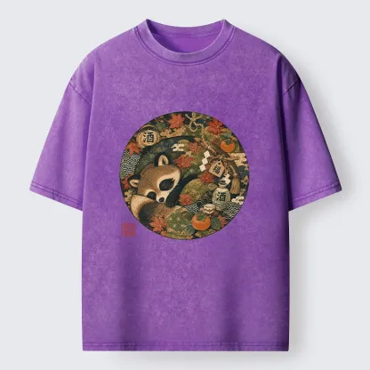 Tokyo-Tiger Sleepy Raccoon Enjoys Autumn Sake Break Washed T-Shirt
