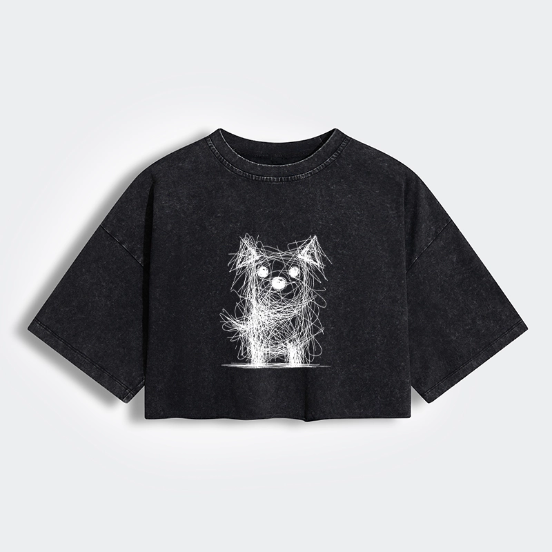 Tokyo-Tiger Scruffy Dog Chaos Art Women's Washed Crop T-Shirt