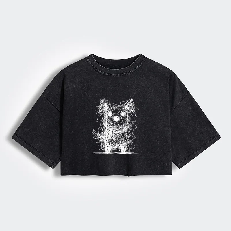Tokyo-Tiger Scruffy Dog Chaos Art Women's Washed Crop T-Shirt