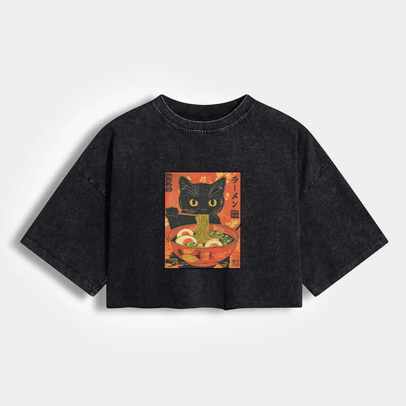 Tokyo-Tiger Hungry Black Cat Loves Ramen Women's Washed Crop T-Shirt
