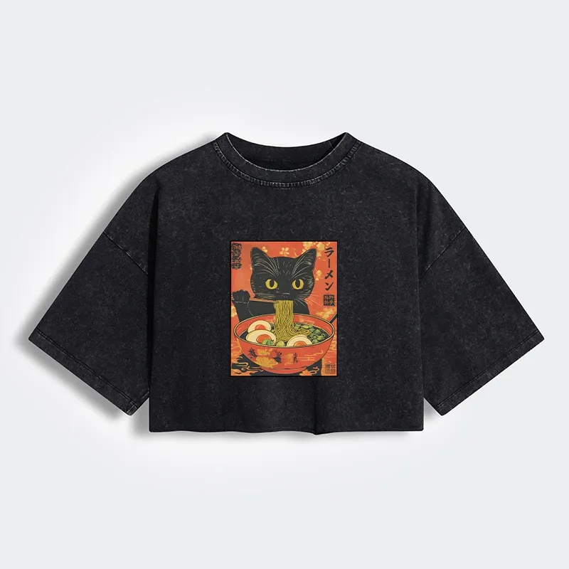Tokyo-Tiger Hungry Black Cat Loves Ramen Women's Washed Crop T-Shirt Sale