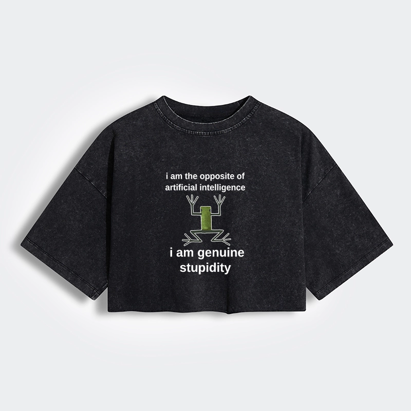Tokyo-Tiger Genuine Stupidity Frog Meme Women's Washed Crop T-Shirt