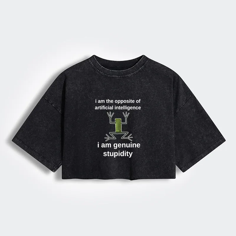Tokyo-Tiger Genuine Stupidity Frog Meme Women's Washed Crop T-Shirt