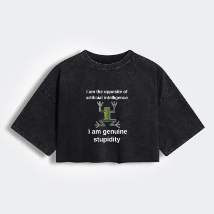 Tokyo-Tiger Genuine Stupidity Frog Meme Women's Washed Crop T-Shirt