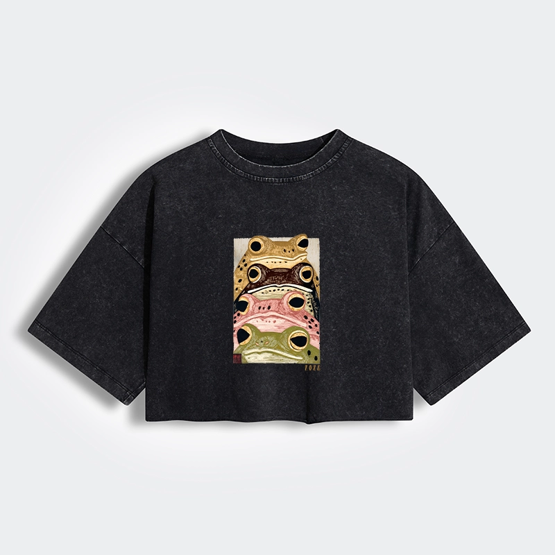 Tokyo-Tiger Whimsical Multi Colored Frog Art Women's Washed Crop T-Shirt