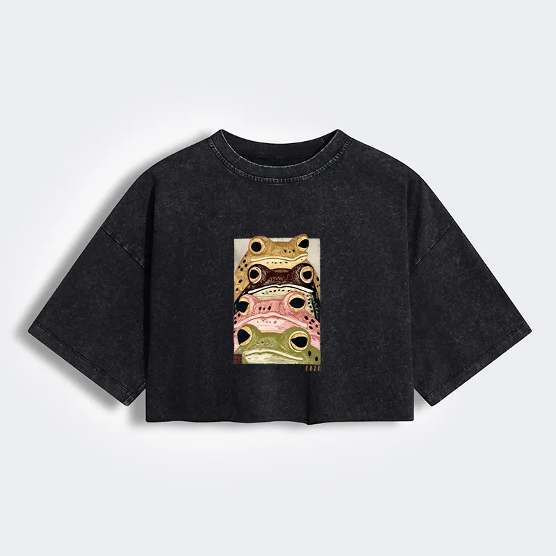 Tokyo-Tiger Whimsical Multi Colored Frog Art Women's Washed Crop T-Shirt