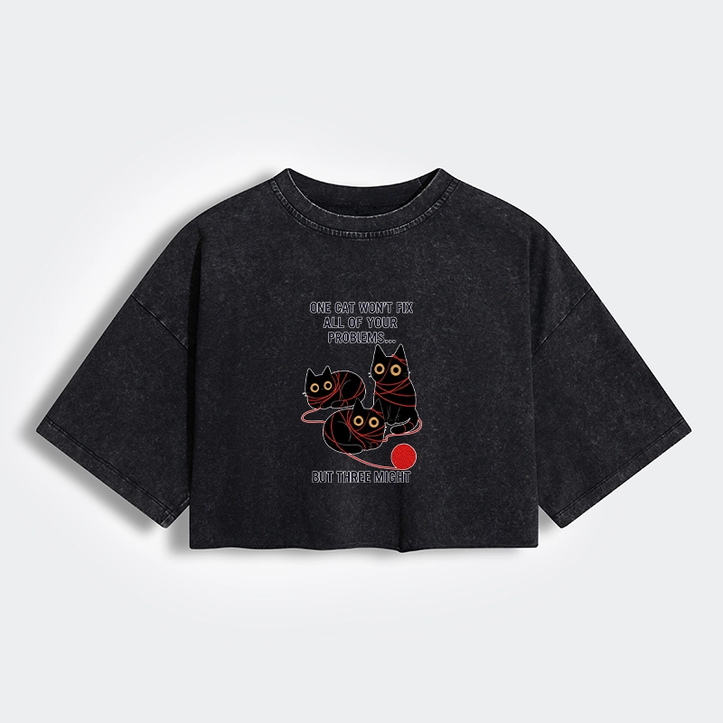 Tokyo-Tiger Three Cats Fix All Problems Women's Washed Crop T-Shirt