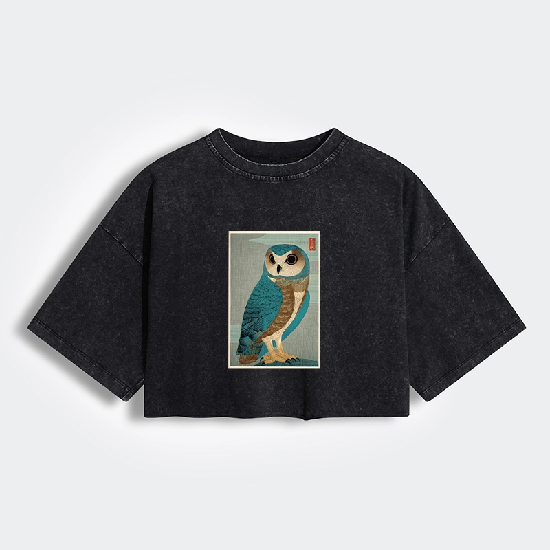 Tokyo-Tiger Vintage Owl Woodblock Art Women's Washed Crop T-Shirt