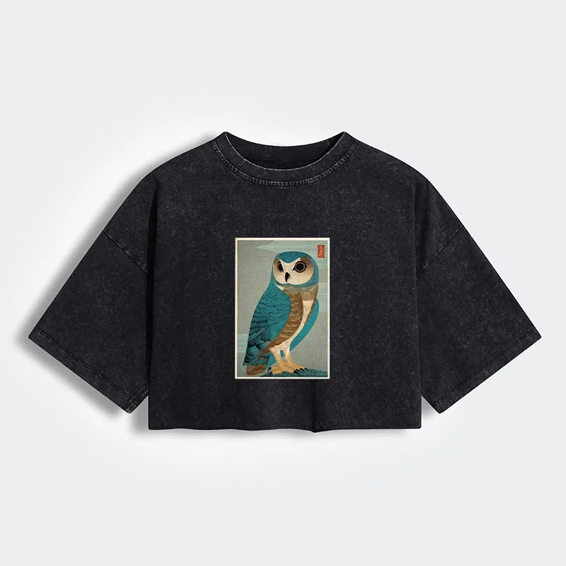 Tokyo-Tiger Vintage Owl Woodblock Art Women's Washed Crop T-Shirt