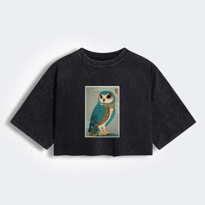 Tokyo-Tiger Vintage Owl Woodblock Art Women's Washed Crop T-Shirt