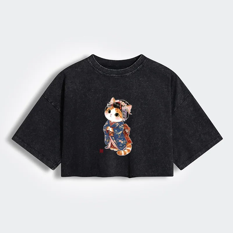 Tokyo-Tiger Cat Dressed As A Geisha Funny Women's Washed Crop T-Shirt