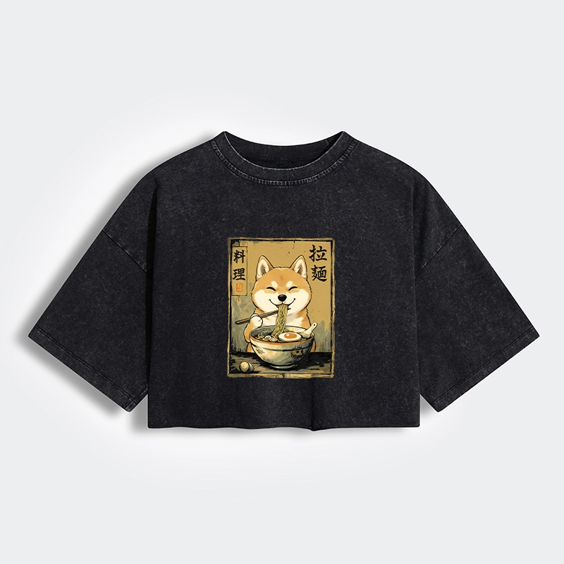 Tokyo-Tiger Happy Shiba Eating Ramen Women's Washed Crop T-Shirt