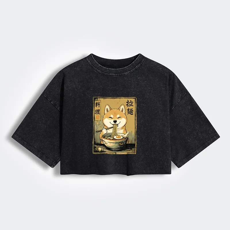Tokyo-Tiger Happy Shiba Eating Ramen Women's Washed Crop T-Shirt Sale