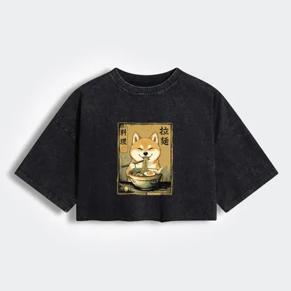 Tokyo-Tiger Happy Shiba Eating Ramen Women's Washed Crop T-Shirt