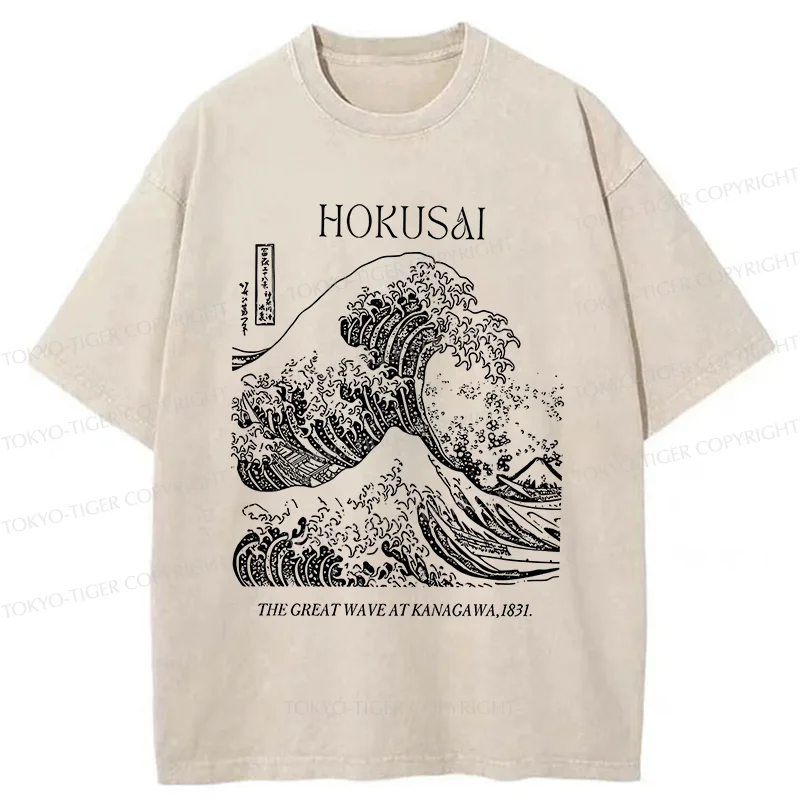 Tokyo-Tiger Retro Ukiyo-e Waves Washed T-Shirt