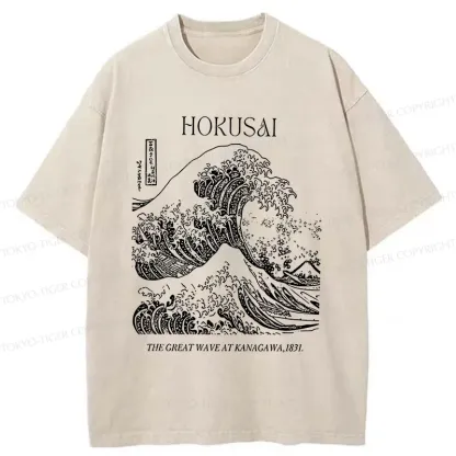 Tokyo-Tiger Retro Ukiyo-e Waves Washed T-Shirt