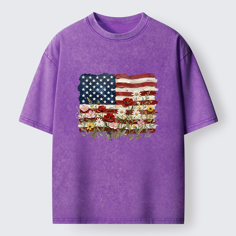 Tokyo-Tiger Floral Accents On Textured Flag Art Washed T-Shirt