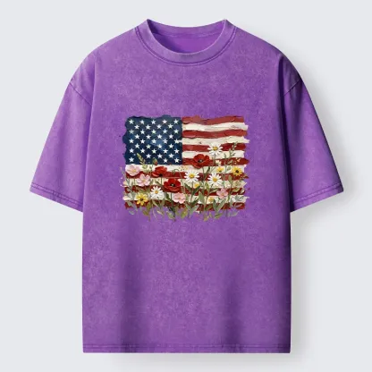 Tokyo-Tiger Floral Accents On Textured Flag Art Washed T-Shirt