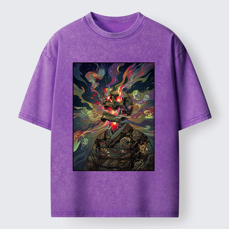 Tokyo-Tiger Colorful Flame Spirits Around Dead Head Washed T-Shirt