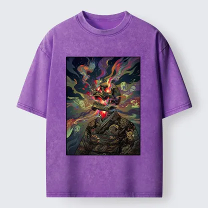 Tokyo-Tiger Colorful Flame Spirits Around Dead Head Washed T-Shirt